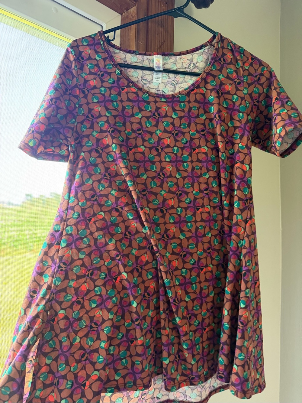 LuLaRoe Multicolor Dot & Leaf Print Top — Teal, Purple, Coral Accents